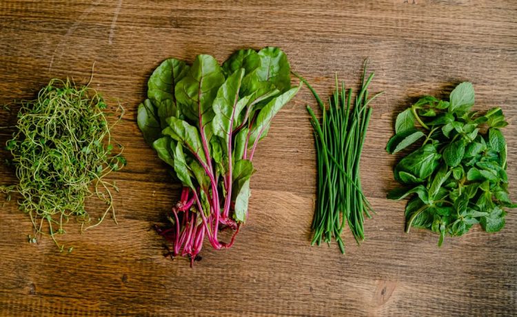 A vibrant selection of fresh herbs and greens neatly arranged on a wooden tabletop.